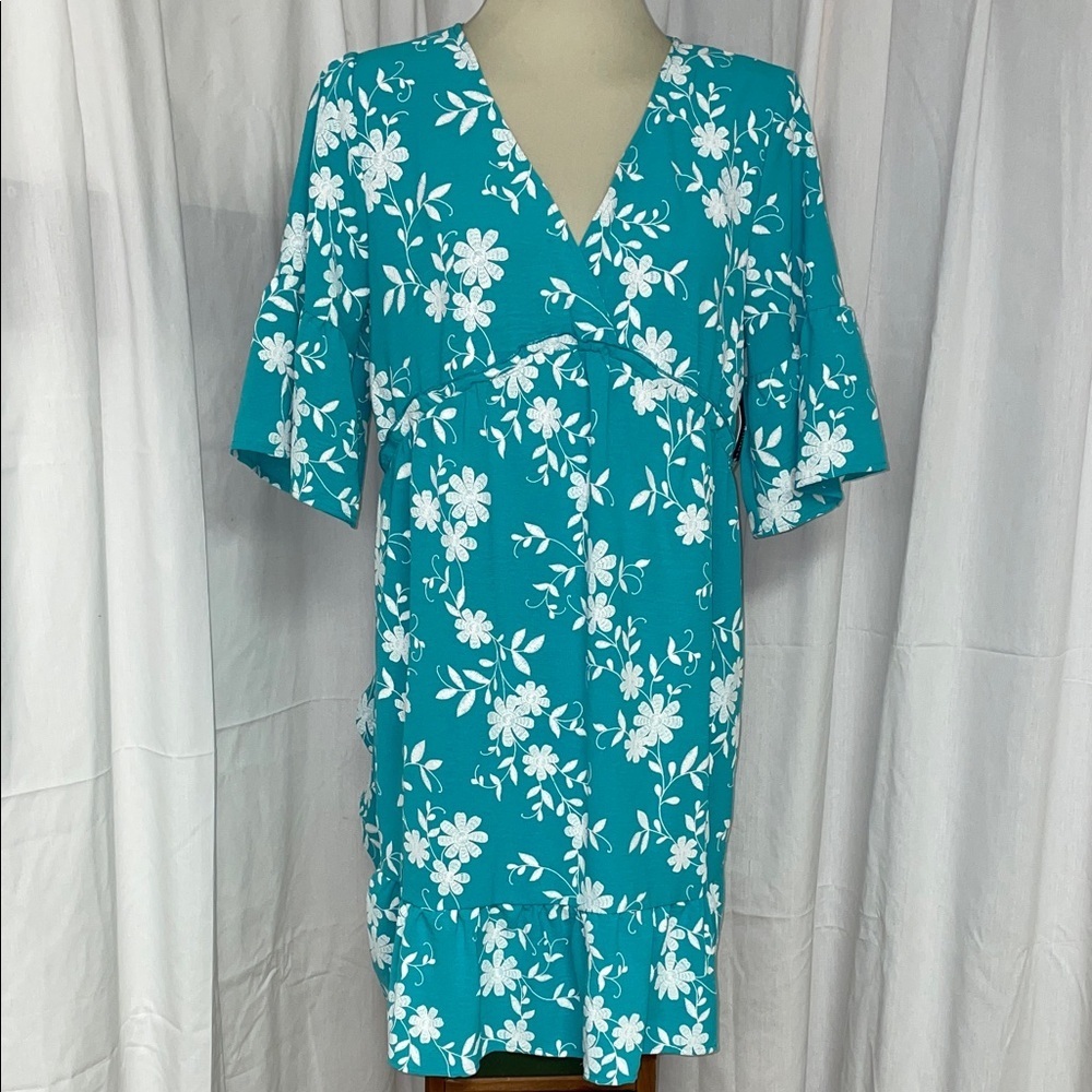 NWT Chloe + Rene Teal Midi Dress w 3/4 Bell Sleeves and ruffled Hem. Size Large